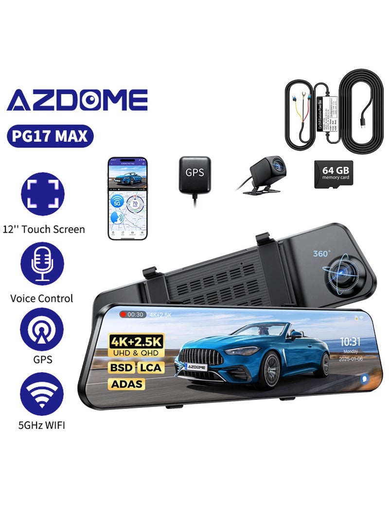 AZDOME PG17 Max 4K+2.5K Mirror Dash Cam with Hardwire Kit and 64GB TF Card,, 12" Rear View Mirror Camera with GPS,ADAS,BSD,LCA, 5GHz WiFi and Voice Control, Rearview Mirror Backup Camera, 24H Parking Monitor - Image 1